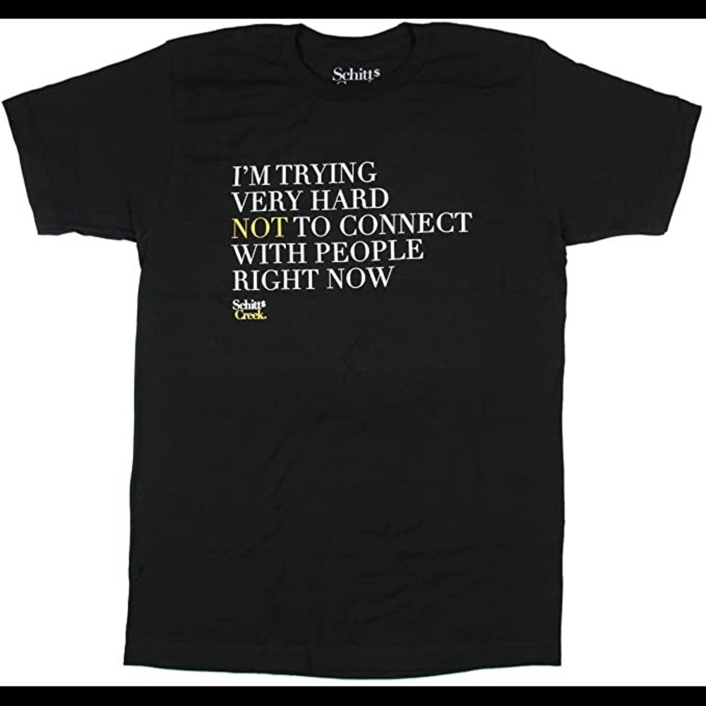SCHITT’S CREEK ‘I’M TRYING VERY HARD’ QUOTE TEE BLACK MEDIUM NWOT